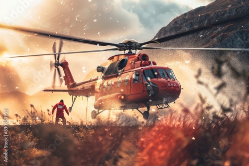 A red rescue helicopter landing in a mountainous area during a snowy operation