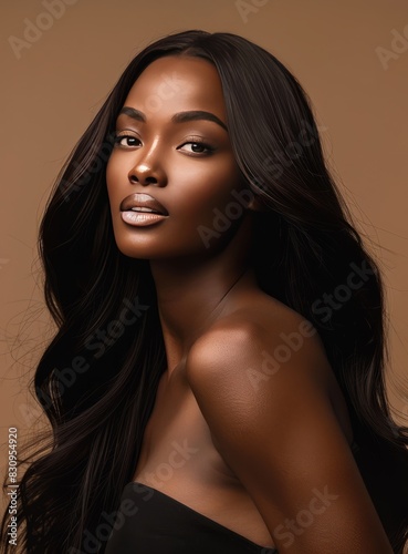 Beautiful ebony African model woman with long hairstyle. Care and beauty hair products.