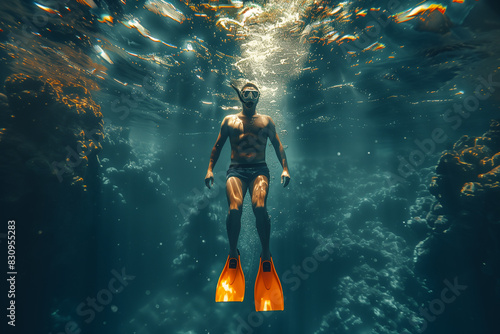 A man swimming underwater wearing diving flippers, 3D illustration