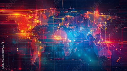 A vibrant, digital world map with neon lights and abstract lines, representing global connectivity and modern technology concepts.