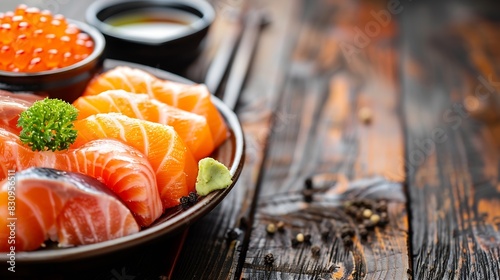 Japanese mix seafood sashimi don Fresh salmon sashimi don Raw salmon roe and wasabi Japanese food on restaurant table Isolate on wood background : Generative AI