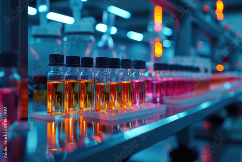 Close-up of quality control processes in clinical trials within a high-tech lab. Bright lighting and detailed view emphasize advanced technology and medical research.