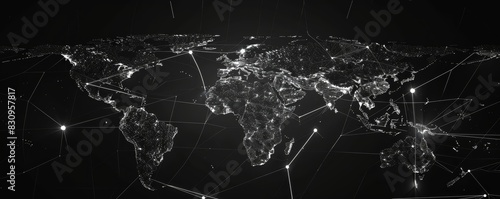 Black and white digital map of the world showcasing connecting lines and points symbolizing global communication and network technology.