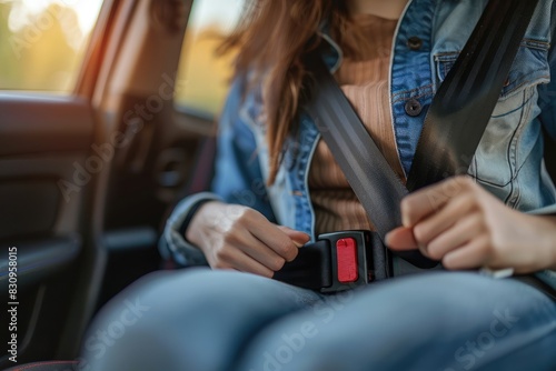 A woman is buckling her seat belt in a car. Concept of responsibility and safety, as the woman takes the necessary precautions to protect herself while driving