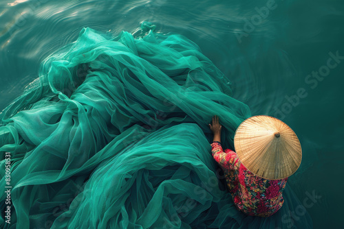 A top-down view of an Asian woman wearing a traditional Vietnamese conical hat, sitting on the edge and casting green fishing nets into the water from high above