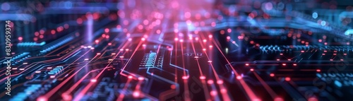 Futuristic circuit board with glowing chips, representing advanced technology and digital connections in a vibrant, dynamic network.