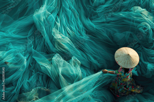 A top-down view of an Asian woman wearing a traditional Vietnamese conical hat, sitting on the edge and casting green fishing nets into the water from high above