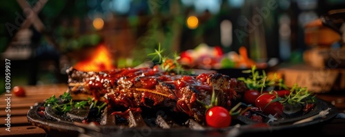 Grilled pork ribs with barbecue sauce, fresh herbs, and cherry tomatoes on an outdoor barbecue grill with flames in the background.