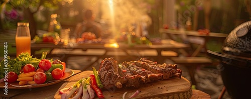 Delicious barbeque spread with grilled steak and fresh vegetables at an outdoor picnic during sunset. Perfect for summer gatherings.