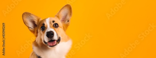 Funny corgi dog on an orange background with copyspace