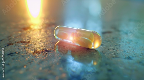 A pill is sitting on a dark surface