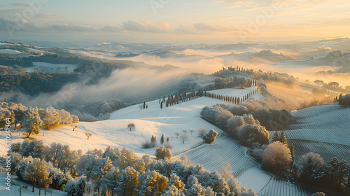 A photo featuring the rolling hills of Tuscany covered in a light dusting of snow, seen from above. Highlighting the frosty vineyards and cypress trees, while surrounded by misty valleys