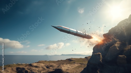 An ancient rocket flies on an erratic trajectory, leading to a crash.