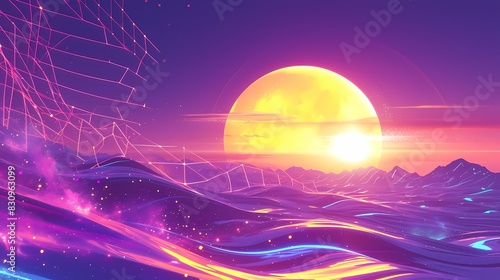 Digital technology futuristic grid sun and moon poster background