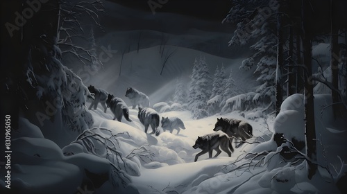 Pack of Wolves in Snowy Winter Landscape