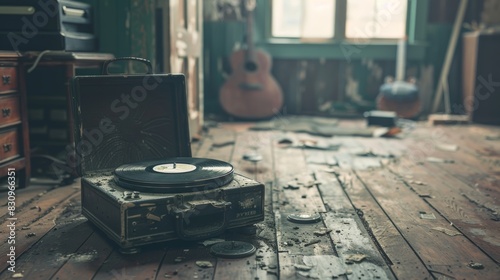 A record player sits on a wooden floor in a room with a lot of clutter