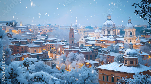A photo featuring the iconic rooftops of Rome under a rare snowfall, captured from an aerial perspective. Highlighting the snow-covered domes and ancient ruins, while surrounded by the timeless beauty