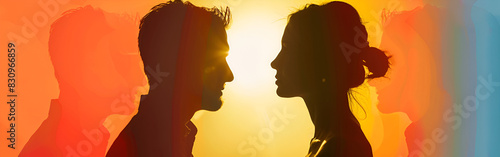 Silhouette man and woman faceless husband and wife swear on a red background