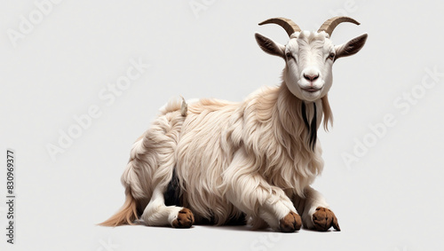 A brown and white goat is standing on a gray surface