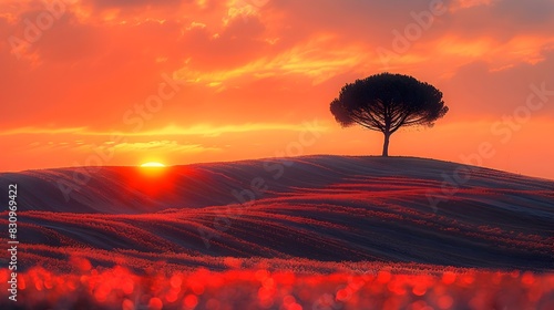 Tranquil Twilight A Solitary Cypress Tree Silhouetted Against a Fiery Sunset in the Hills of Tuscany France