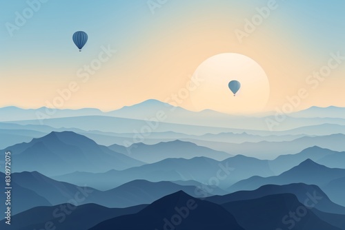 a landscape with mountains and hot air balloons