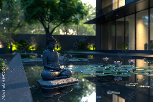 Serene Buddha statue meditating by a tranquil pond with lily pads in a modern garden setting, illuminated by soft evening light.