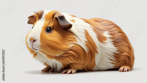 A light brown and white guinea pig is sitting on a white surface