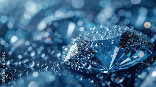 A high-definition image showcasing a sparkling diamond surrounded by water droplets, highlighting luxury and elegance