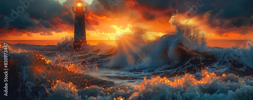 Dramatic sunset over a stormy sea with crashing waves and a lighthouse in the background, creating a captivating and intense seascape.
