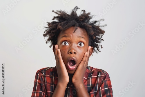 Young boy with surprised expression, hands on cheeks, wide eyes, and open mouth, wearing plaid shirt. Shocked. Exasperated. 