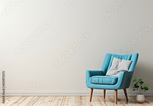 Modern interior design of a living room with a blue armchair and wall mock up background