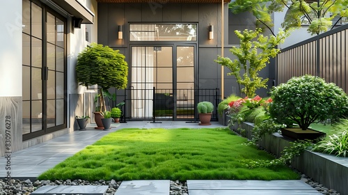 an outdoor wall with main gate of a house having a mini lawn and some pots of beautiful plants