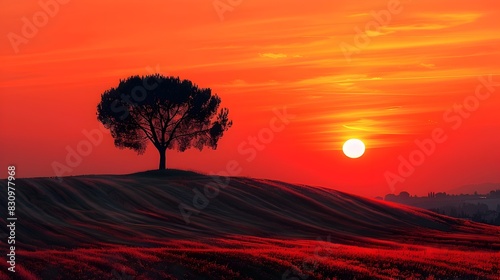 Minimalist Cypress Tree Silhouette Basks in Tuscany Frances Vibrant Orange Sunset