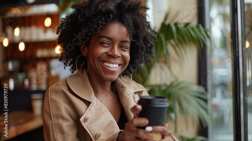 Cheerful black woman uses cell phone to take selfie while drinking coffee