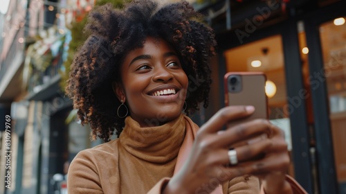 Cheerful black woman uses cell phone to take selfie while drinking coffee