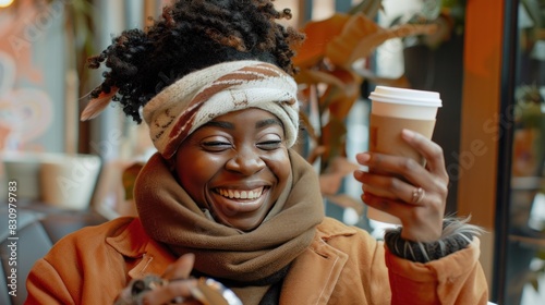 Cheerful black woman uses cell phone to take selfie while drinking coffee