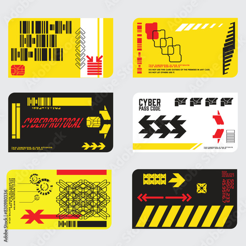 cyberpunk scifi gaming futuristic icon pattern HUD ux ui set collection template, technology credit card, 2d illustration rendering vector element
