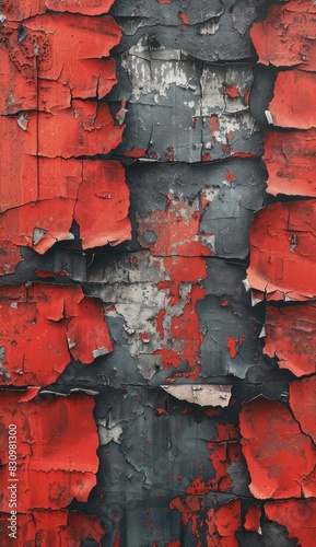 an red and gray painted wall, in the style of cracked, photobashing, dark, foreboding colors, realistic hyper-detail, fragmented, ironical, arkhyp kuindzhi