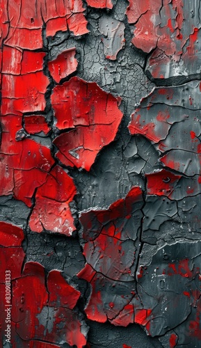 an red and gray painted wall, in the style of cracked, photobashing, dark, foreboding colors, realistic hyper-detail, fragmented, ironical, arkhyp kuindzhi
