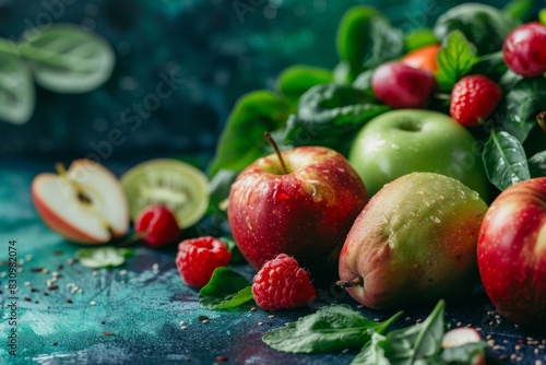 High-quality shot of ripe fruits with apples, berries, and basil on a textured backdrop