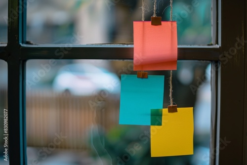 Four colorful sticky notes hanging with clips against a blurred city background