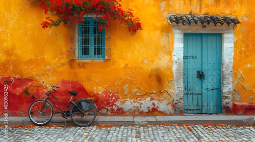 Minimalist Solitude A Bicycle Leans Against a Colorful French House in a Quaint Village