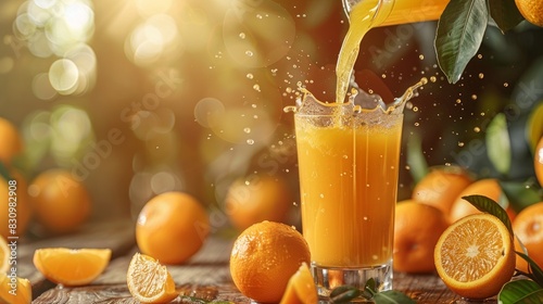Fresh orange juice being poured into a glass on a rustic wooden table at an orange farm.