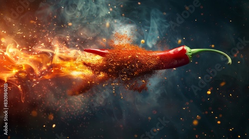 Sliced chili pepper designed to look like a rocket with chili powder and seeds as flames.