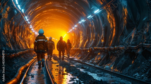Miners walking towards the bright light at the end of a wet and reflective underground tunnel