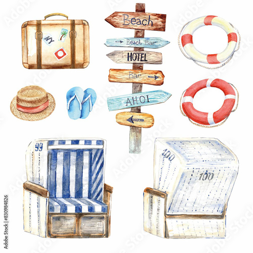 Beach clipart with signpost, lifebuoys, beach chairs, straw hat, flip flops, suitcase. Watercolor illustration.
