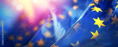 Close-up of the European Union flag. Banner featuring the EU flag. Room for Text.