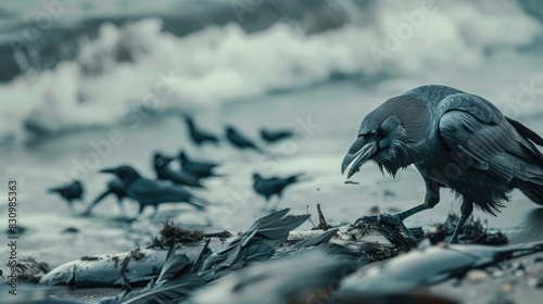 Crows with gray feathers by the ocean consume deceased fish
