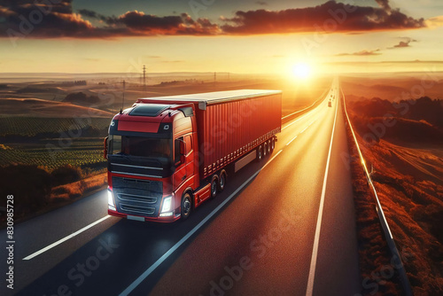 Large truck with trailer carrying goods on asphalt road at sunset