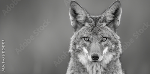 Black and white portrait of a coyote in the wild, with a beautiful face in a headshot. Generative Ai